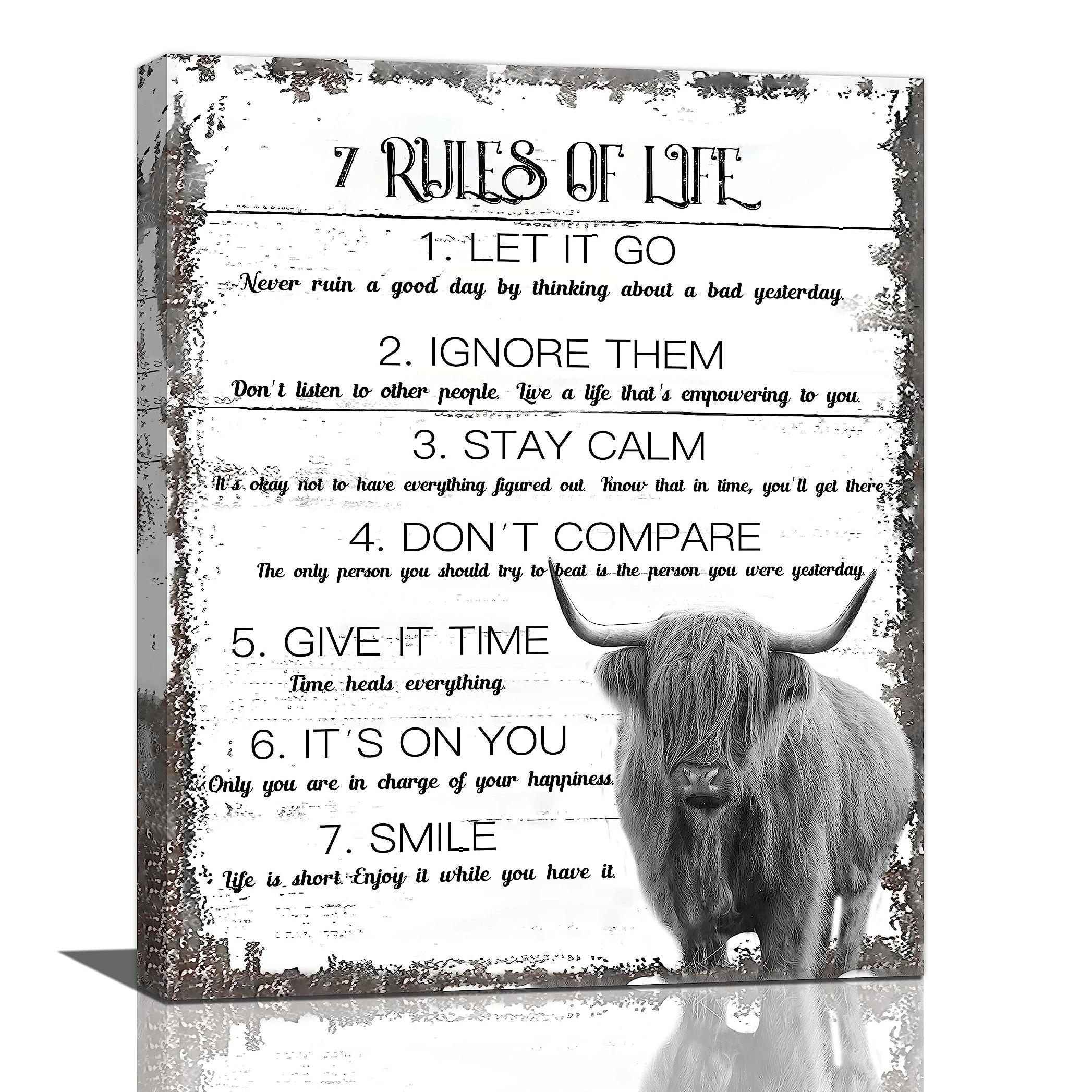 

1pc Wooden Framed Inspirational Highland Cow Wall Art Black And White Picture Decor Rustic Painting Motivational Quotes Canvas Framed Home Office Ready To Hang Wooden Frame - Thickness 1.5inch