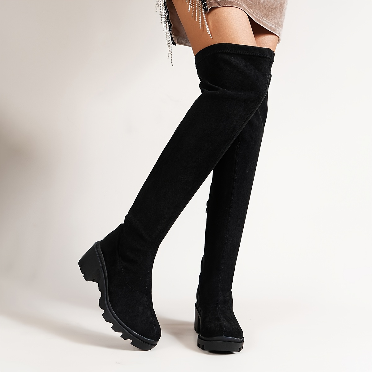 Botas altas hasta el muslo elásticas para mujer, botas negras de tacón  grueso con punta cuadrada, botas cómodas informales para mujer