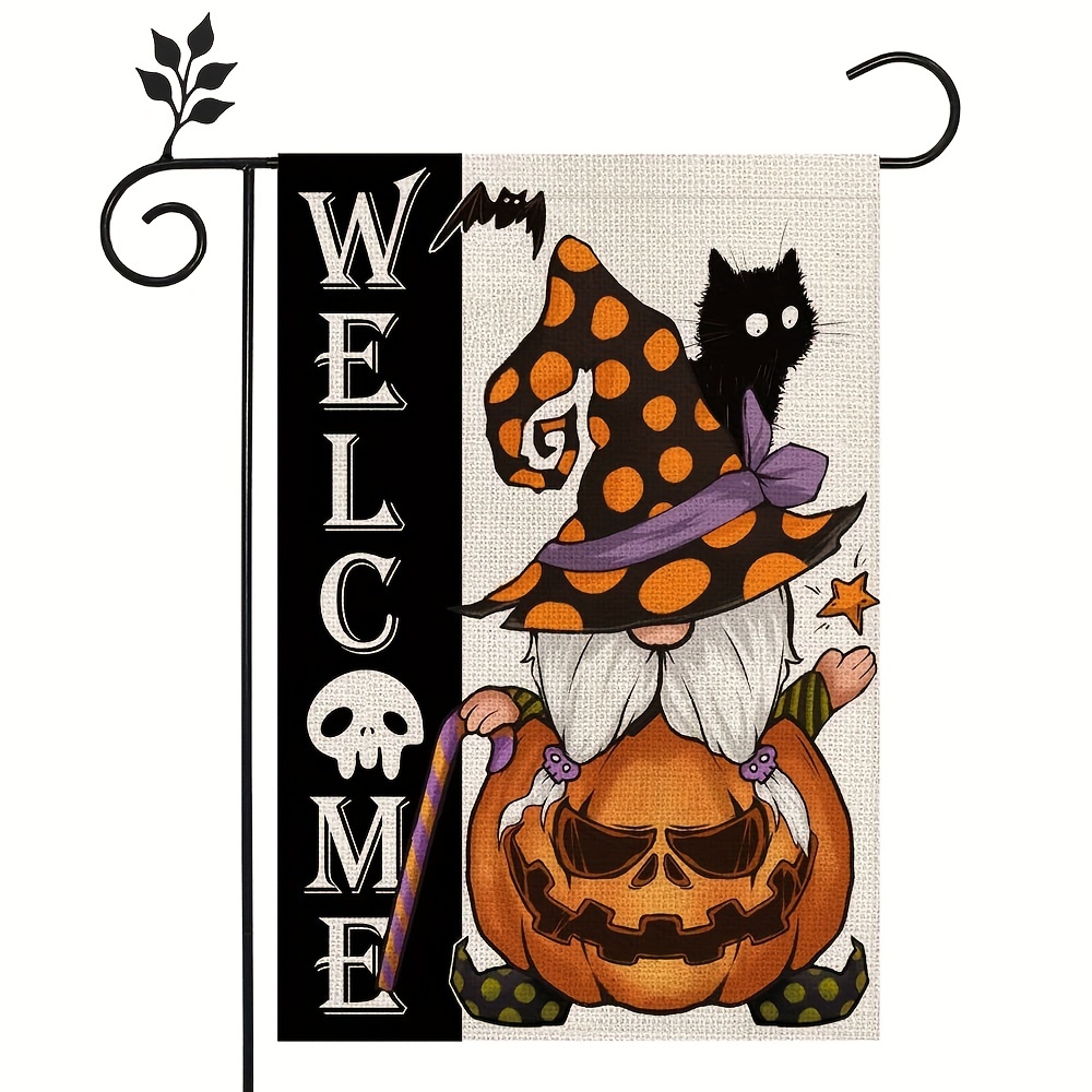 1pc Halloween Benvenuto Gnomo Giardino Bandiera Jack O Lanterna Zucca  Spettrale Gatto Nero Rustico Arredamento Fattoria Per Vacanze Stagionali  Cortile Nessuna Asta Bandiera 12X18 Pollici - Temu Italy