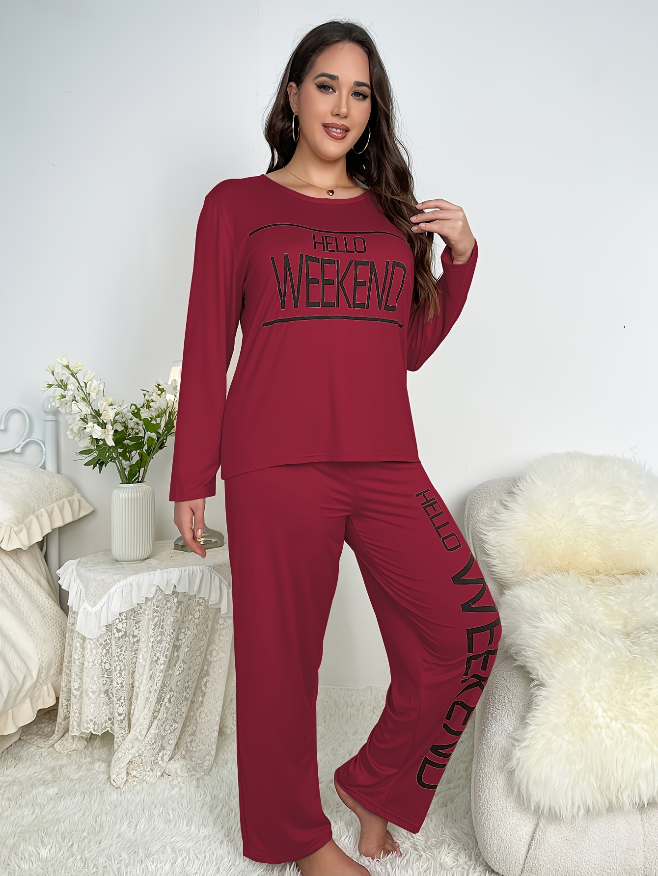 Plus Size Letter Print Long Sleeve Top Pants Pajama Set - Temu Canada