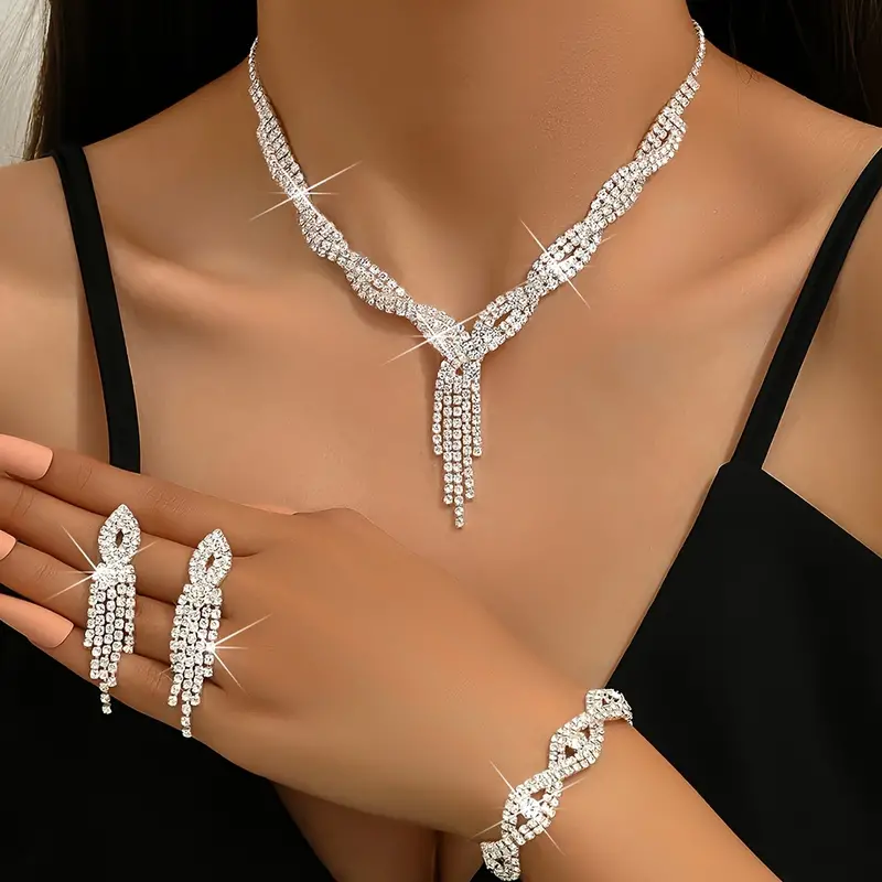 Temu Jewelry, Jewels Set Charm Necklace / Drop Earrings / Choker Bracelet Rhinestones Tassel Pendant 2 Pcs / 3 Pcs Birthday Surprise Gift for Woman 