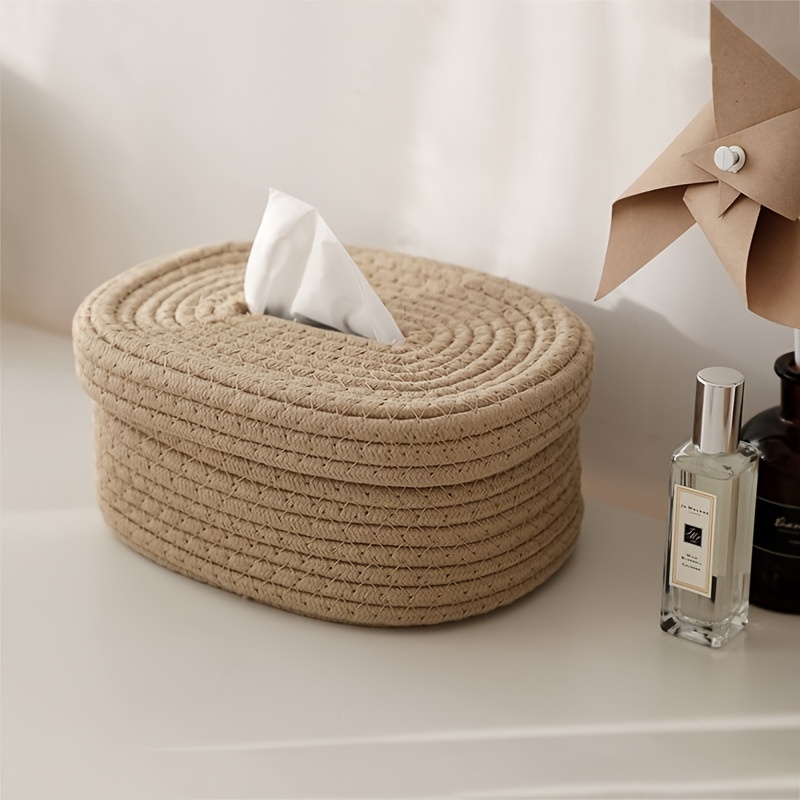 

1pc Cotton Rope Woven Tissue Box, Tissue Box Cover, Simple Plain Storage Basket, Multifunctional Tissue Holder, Home Decor, Bathroom Accessories