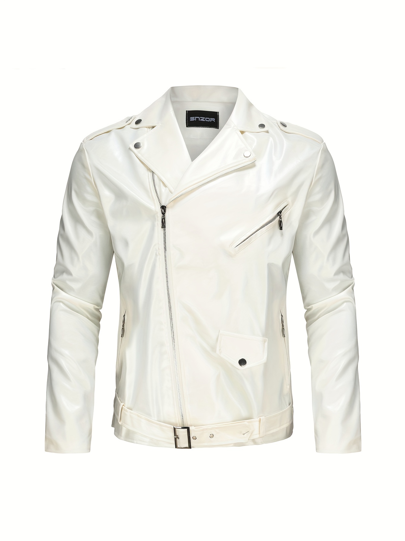 Oversized Turn Down Collar White Vegan Leather Jacket