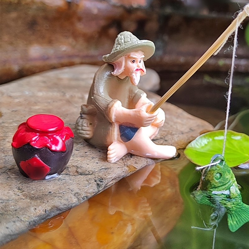 Housoutil Vintage Decor 2pcs Old Man Fishing Ornament Glass Fish Bowl  Miniature Fisherman Figurines Fish Tank Decor Prop Toy
