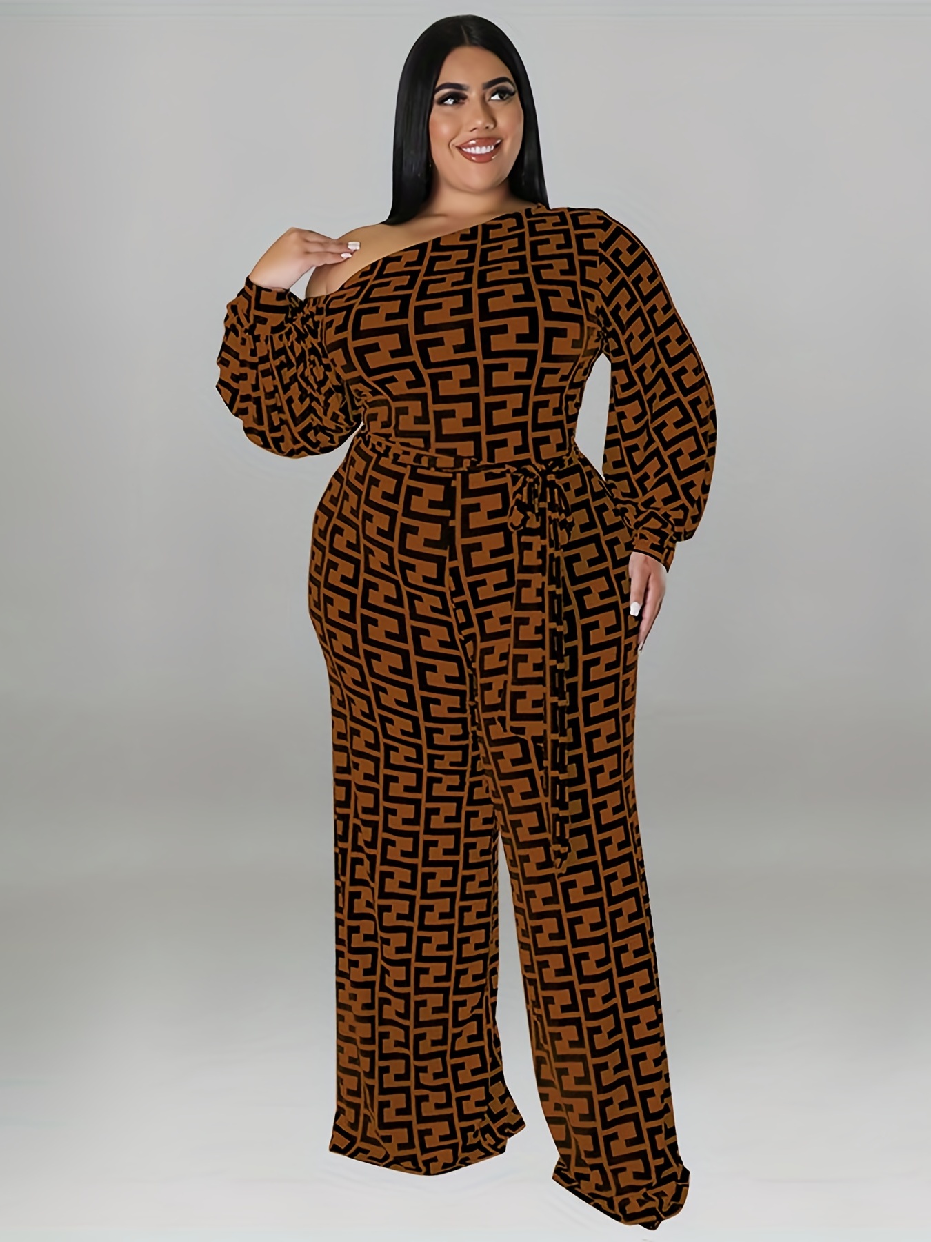 Plus Size Geometric Print One Shoulder Jumpsuit Belt Women's - Temu