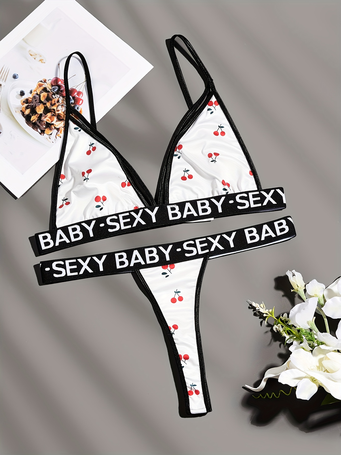 Plus Size Sexy Lingerie Set, Women's Plus Geometric Print Letter Tape Bra &  Thong Bikini Lingerie Two Piece Set