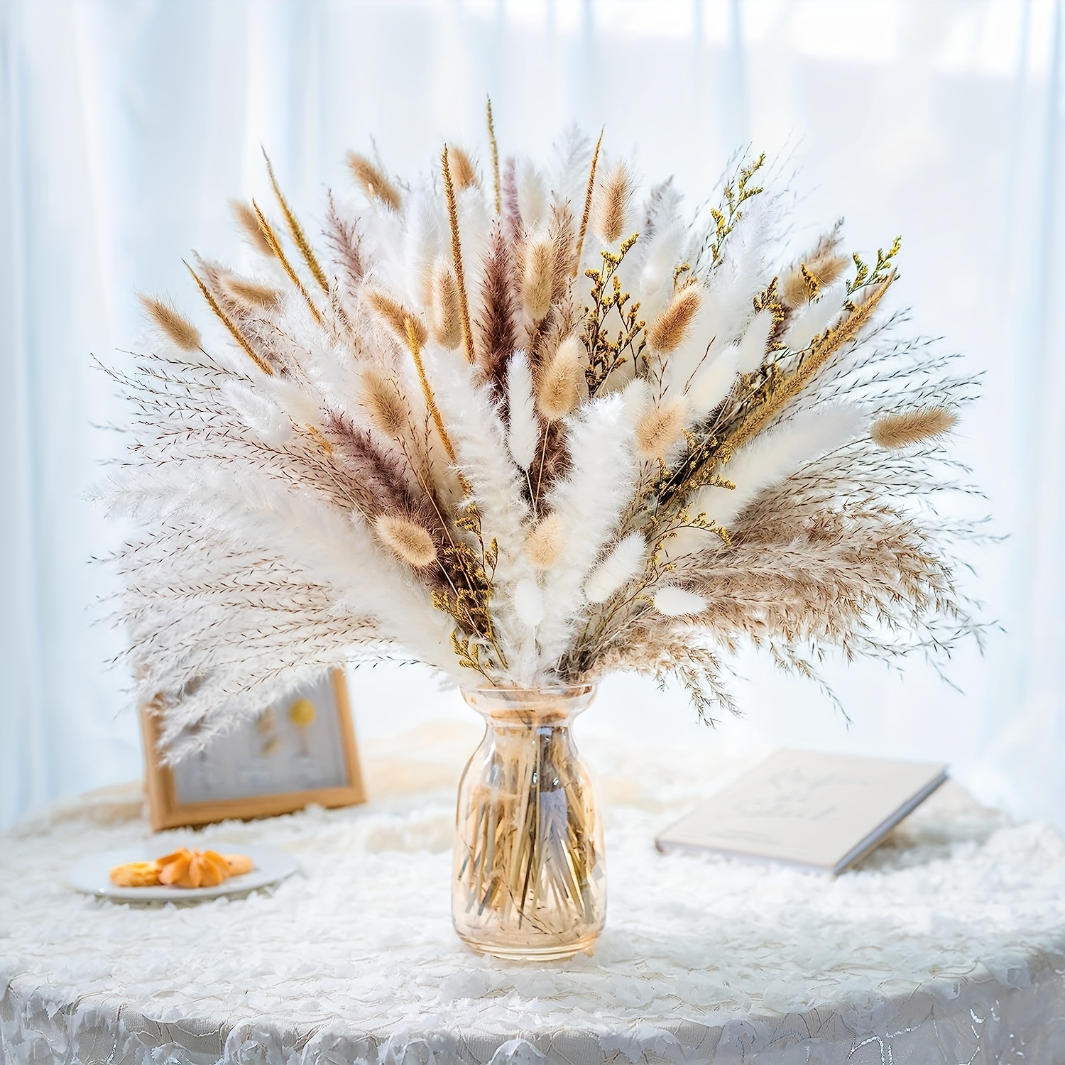 80/82pcs Dried Flower Bouquet - Fluffy Pampas Grass Boho Bundle Decor -  Natural Fake Plant Dry Flowers Bunch For Home Wedding Party Farmhouse Decor