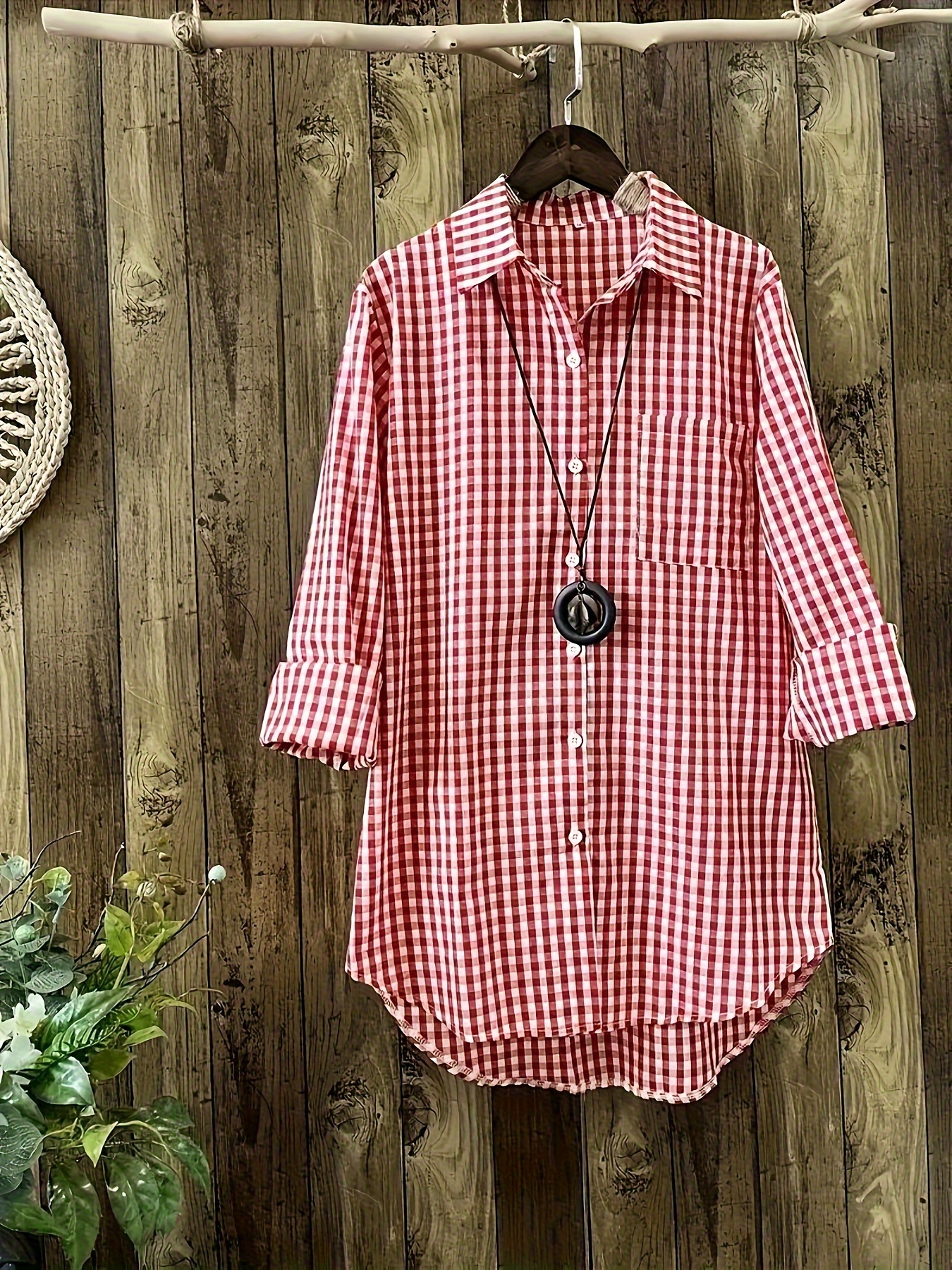 Plaid Button Front Blouse: Red Plaid