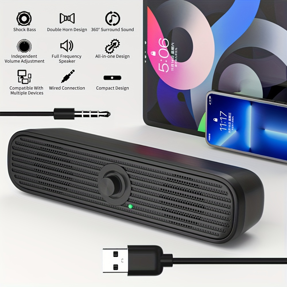 USB Wired Stereo Bass Sound Computer Speakers 3.5mm Soundbar for Desktop  Laptop