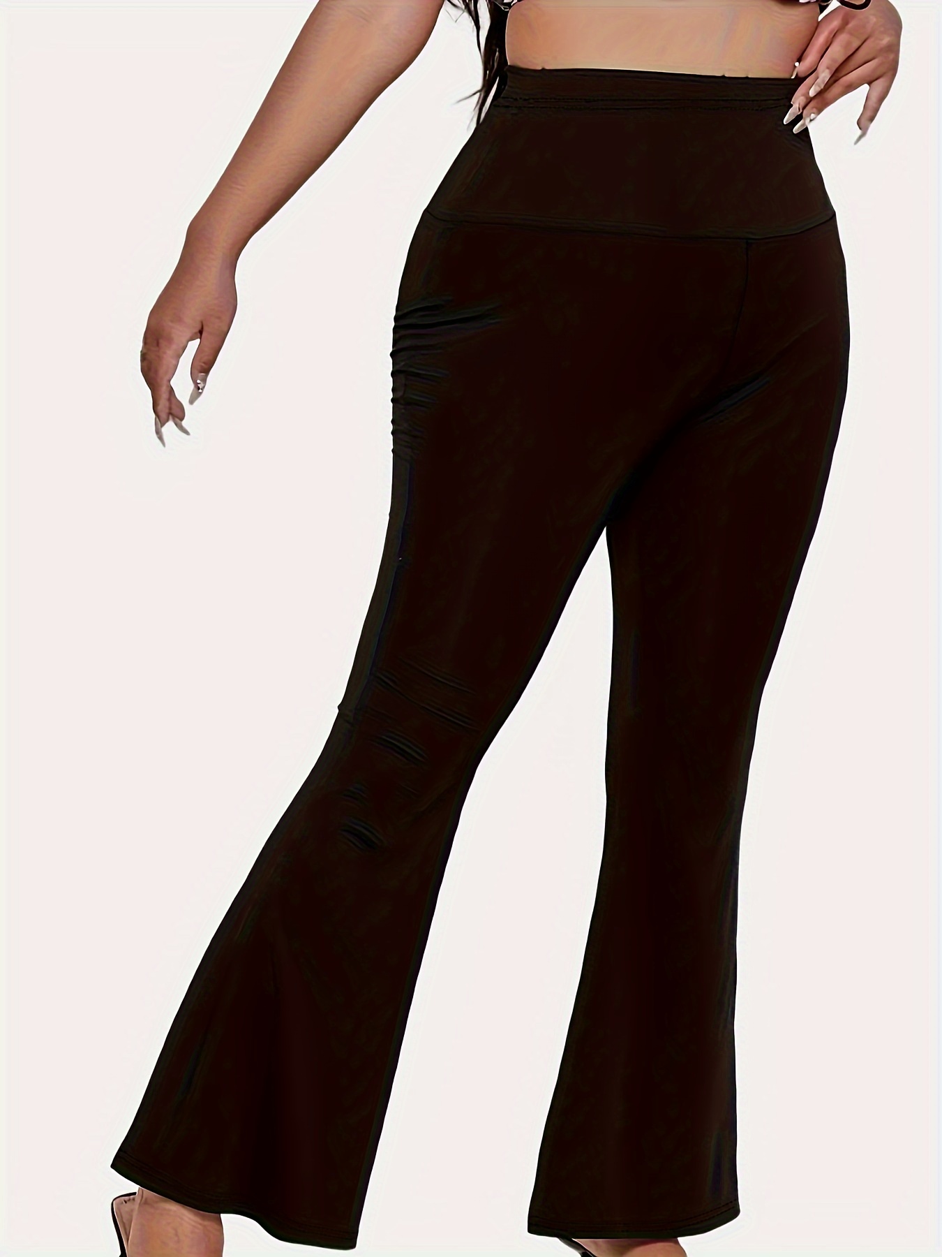 Elegant Solid Flare Leg Black Plus Size Pants (Women's) 