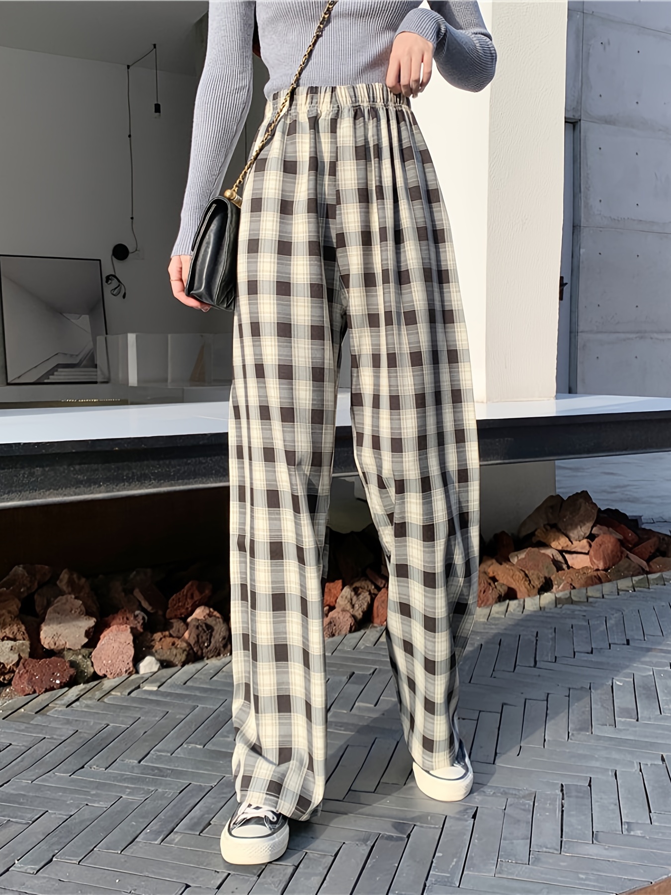 Preppy Plaid Print High Waist Pants, Casual Wide Leg Elastic Pants, Women's  Clothing