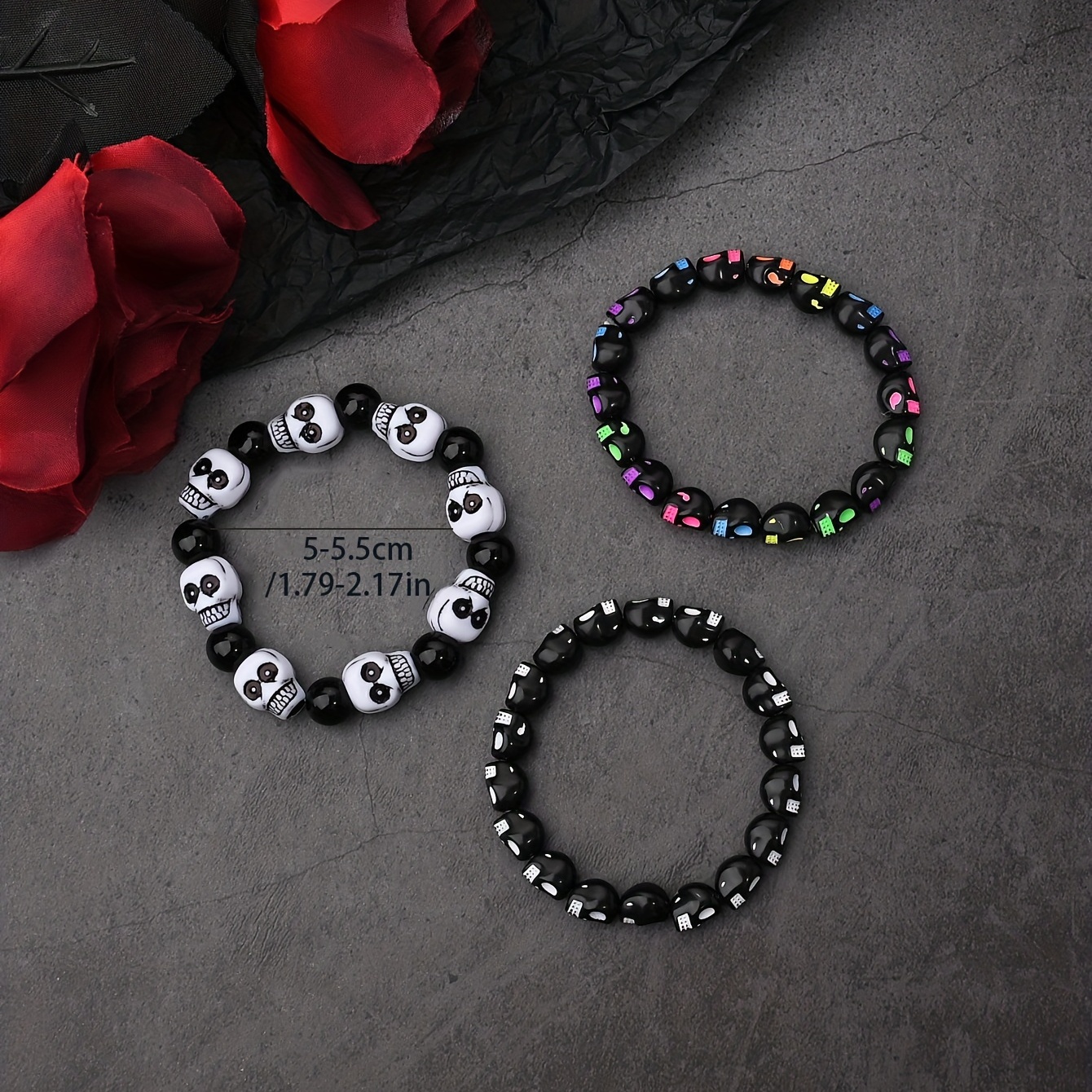 Women's Punk Style Skull Bead Bracelets 3pcs Elastic Stretch Wristbands