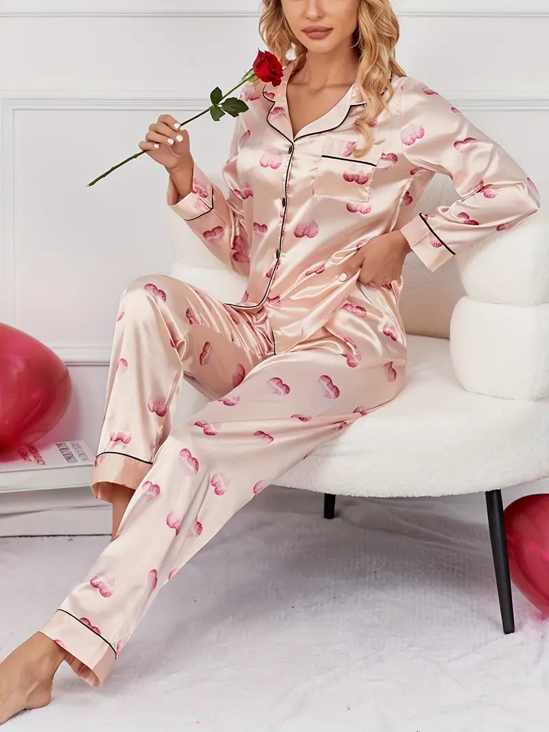 Cute Heart Print Satin Pajama Set, Long Sleeve Button Up Lapel Collar Top &  Pants For Valentine's Day, Women's Loungewear & Sleepwear