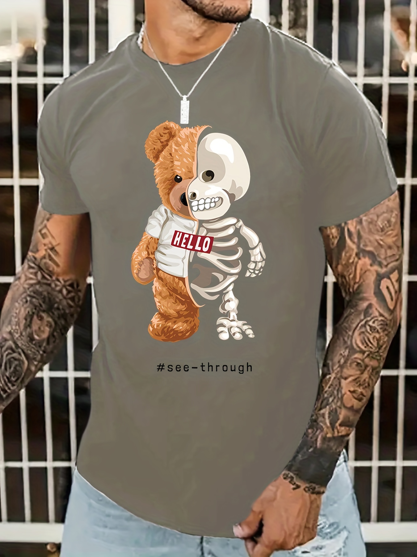 Tees For Men, Denim Teddy Bear Print T Shirt, Casual Short Sleeve