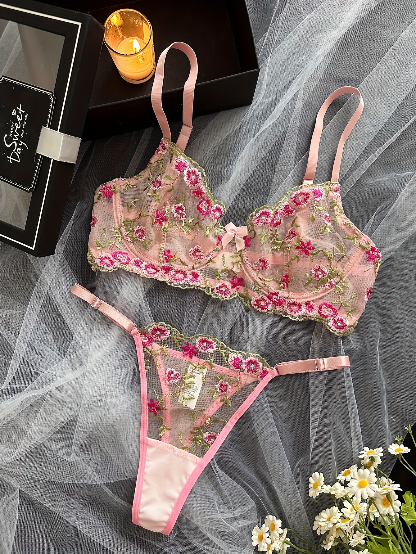Floral Embroidery Lingerie Set, Mesh Unlined Bra & Thong, Women's Sexy  Lingerie & Underwear