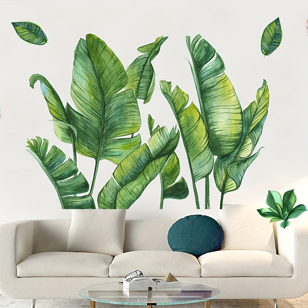 

2pcs, Natural Green Plants Wall Stickers - Detachable Tvc Palm Leaf Plant Mural For Bedroom, Office, And Living Room Decor