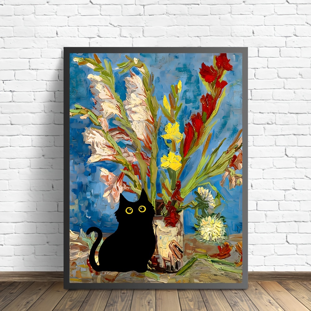 ポスターとプリント1枚 猫の花瓶とグラジオラスキャンバス絵画 抽象的 