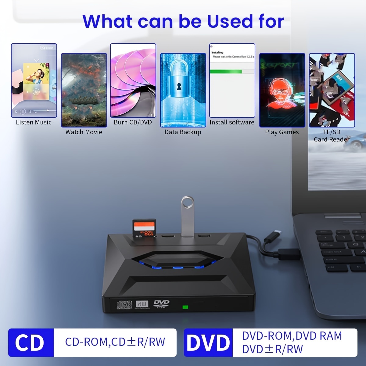 marque generique - Lecteur CD DVD Externe USB 3.0, Lecteur Graveur DVD  Externe pour Windows 10/8/ 7/ XP/ 2003, Vista, Linux, Mac OS X - Clé USB  offert - Lecteur Blu-ray - Rue du Commerce