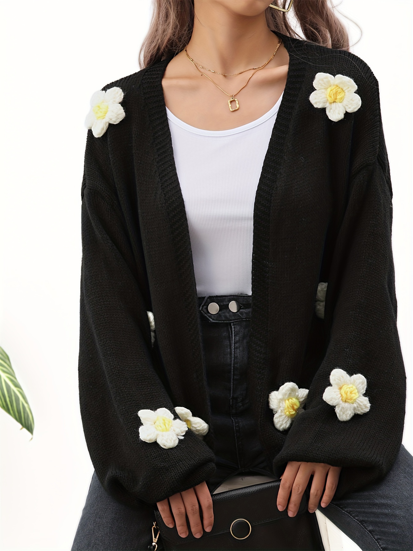 Black Flower Button Long Sleeves Loose Cardigan