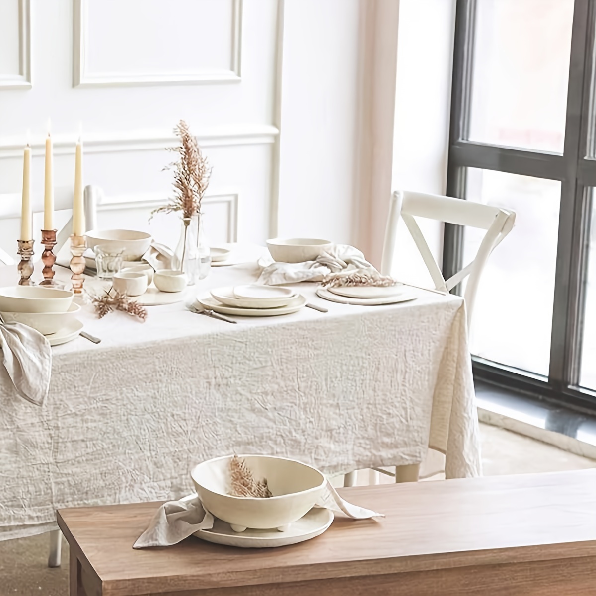 Polyester Beige Tablecloth Simple Elegant Cotton Linen Home - Temu