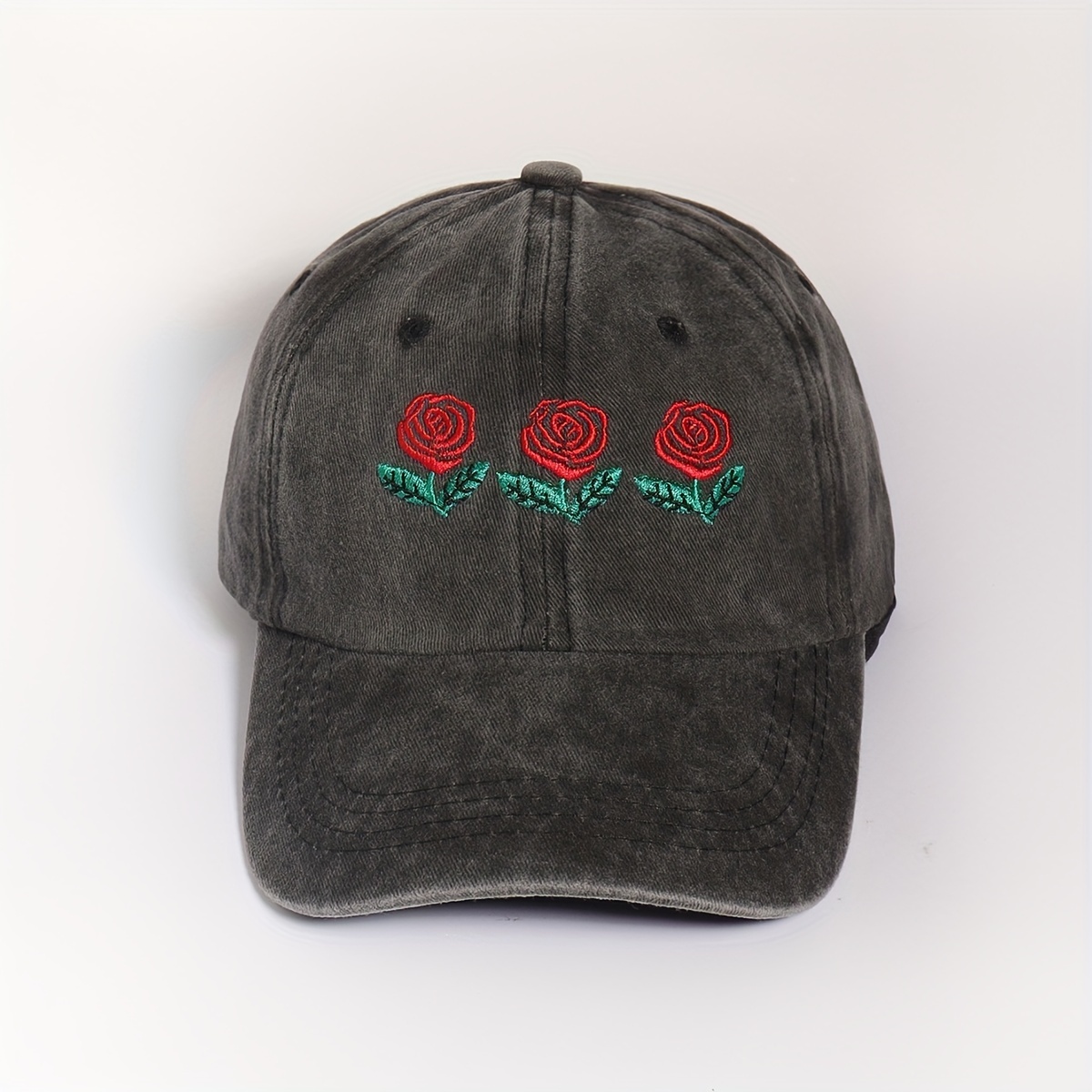 Three Roses Embroidery Baseball Cap Washed Distressed Gray