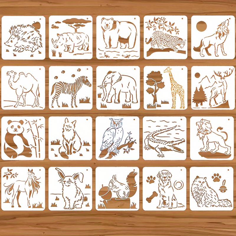 

20pcs 5.12in*5.12in Land Animal Theme Painting Stencils, Reusable Stencils Painting Spray Auxiliary Molds Suitable For Designing Wood, Paper, Picture Frames, Fabric And Walls