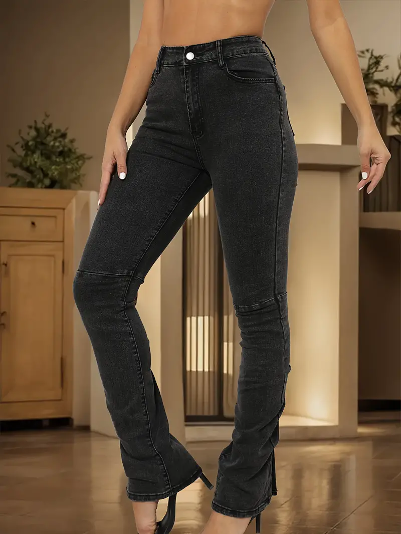 Grey Ruched Flared Jeans Bell Bottom Split Wide Legs Denim - Temu Canada