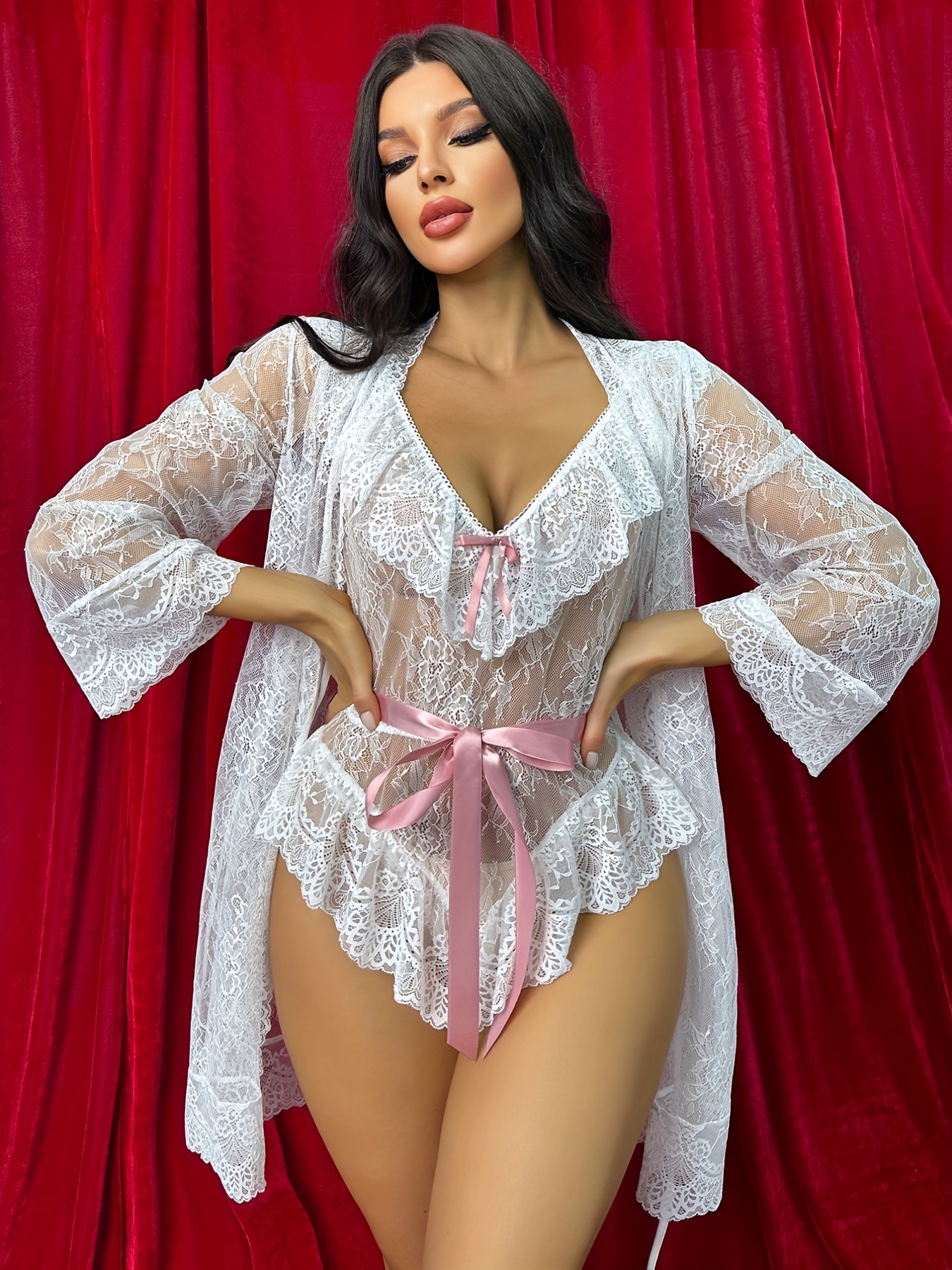 Seductive Lace Mesh Lingerie Set, Long Sleeve Robe & Bra & Panties, Women's  Sexy Lingerie & Underwear