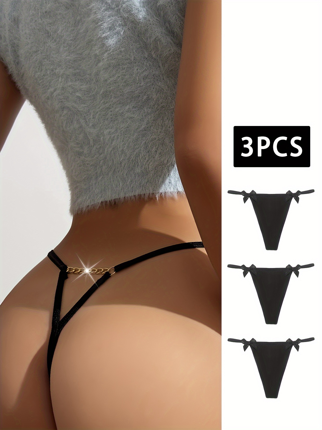 3pcs Chain Linked Thongs, Sexy Hollow Out Bow Decor Panties, Women's  Lingerie & Underwear
