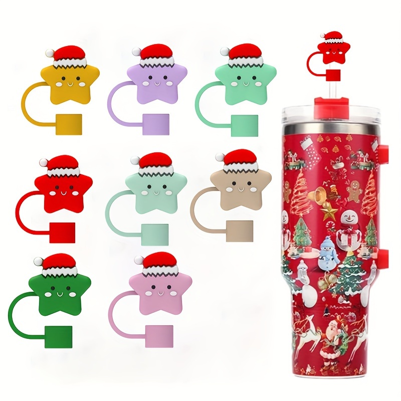 8pcs Christmas Straw Cover Cap, Cute Straw Cover for Stanley Tumbler, Christmas Straw Topper for Stanley Cup in Different Shapes, Straw Protectors