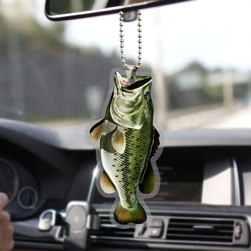 1pc, Fisherman Fishing Big Bass Fish Unique Idea Car Ornament, 2D Flat Car  Rear View Mirror Accessories, Rearview Mirror Charm, Home Decor, Scene Deco