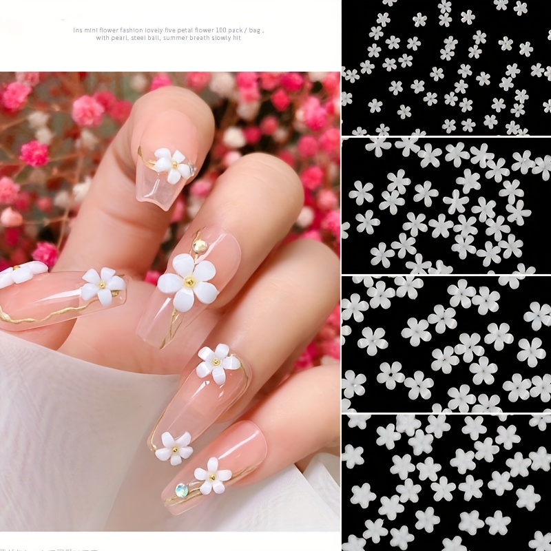 3d Flower Nail Arts Charms With Silver Beads Cute Five - Temu