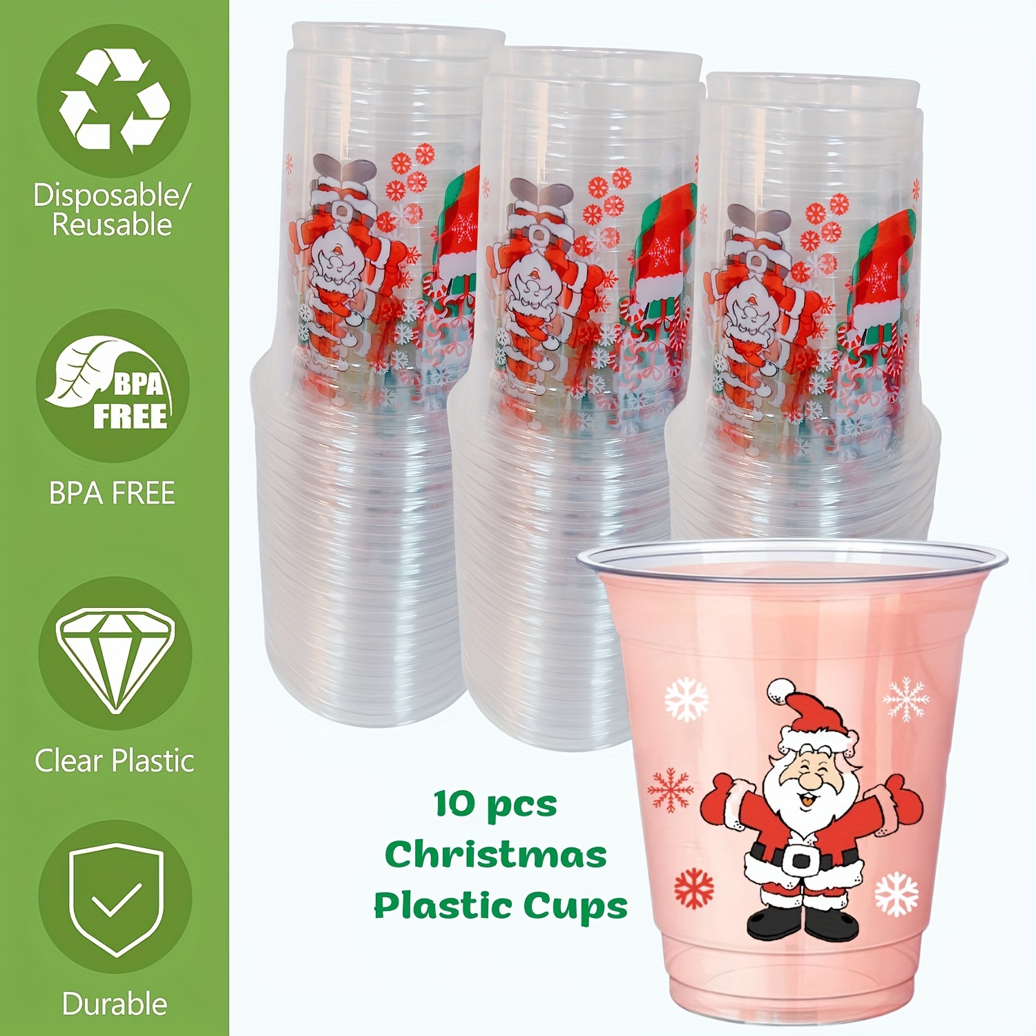10 Pcs Christmas Plastic Water Cups,12oz Reusable Party Cups for