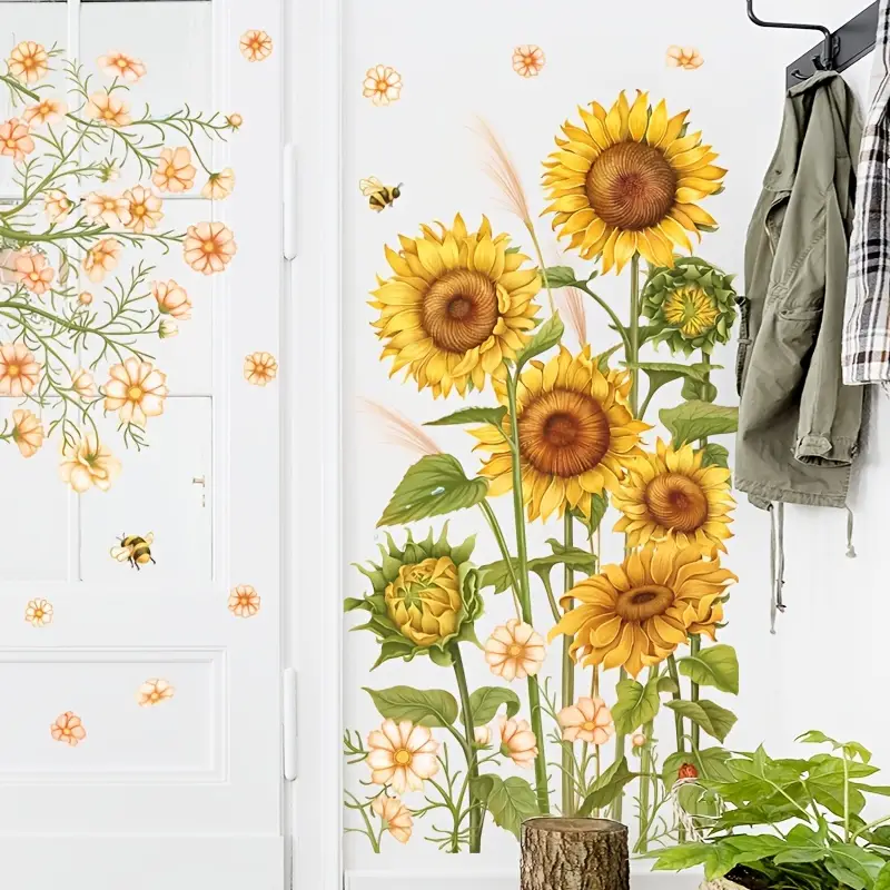 2pcs Sunflower Bee Wall Decals Garden Flower Wall Stickers Bedroom Living Room TV Wall Art Decor Murals 11 8 35 4