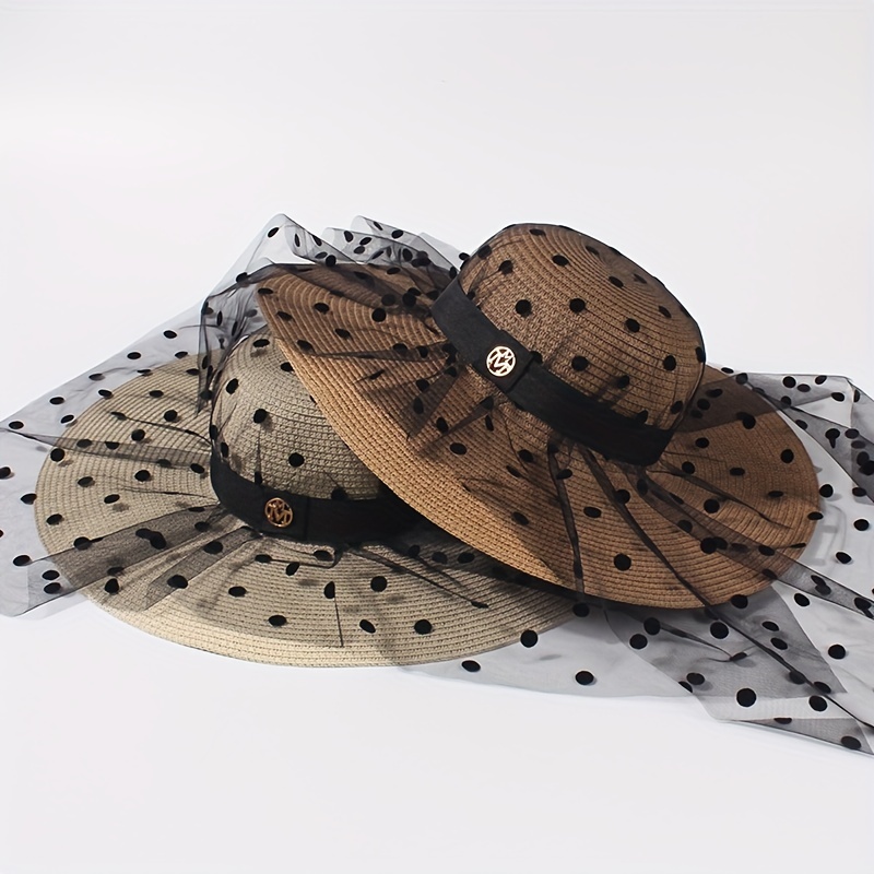 Polka Dotted Print Sunshade Straw Hat Large Brim Bow Decor Summer Traveling Sun  Hat Womens Hats, Free Shipping On Items Shipped From Temu