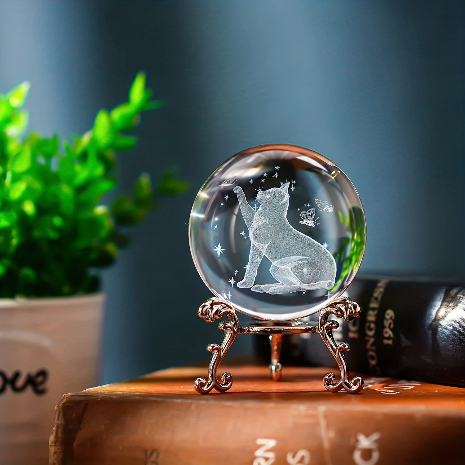 3D Laser Cat And Butterfly Crystal Ball Decorative Home Decor Gift