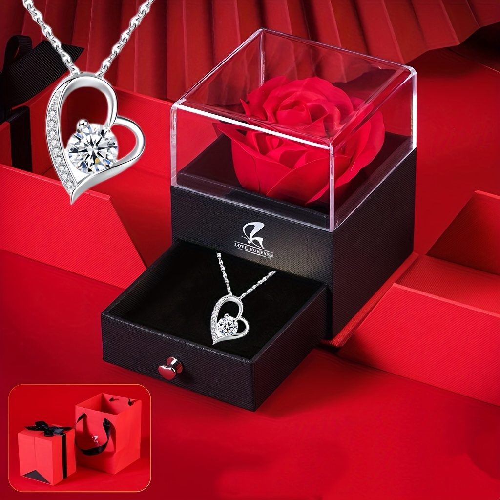 Heart necklace with rose deals flower gift box