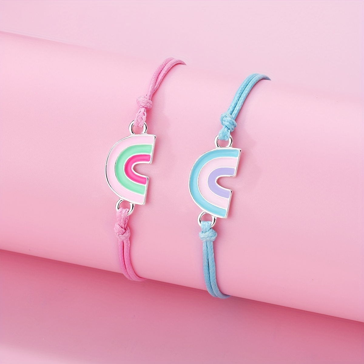 

2pcs/set Alloy Enamel Rainbow Decor Handmade Bracelet, Back To School Season Braided Adjustable Bracelet, Gift For Best Friend