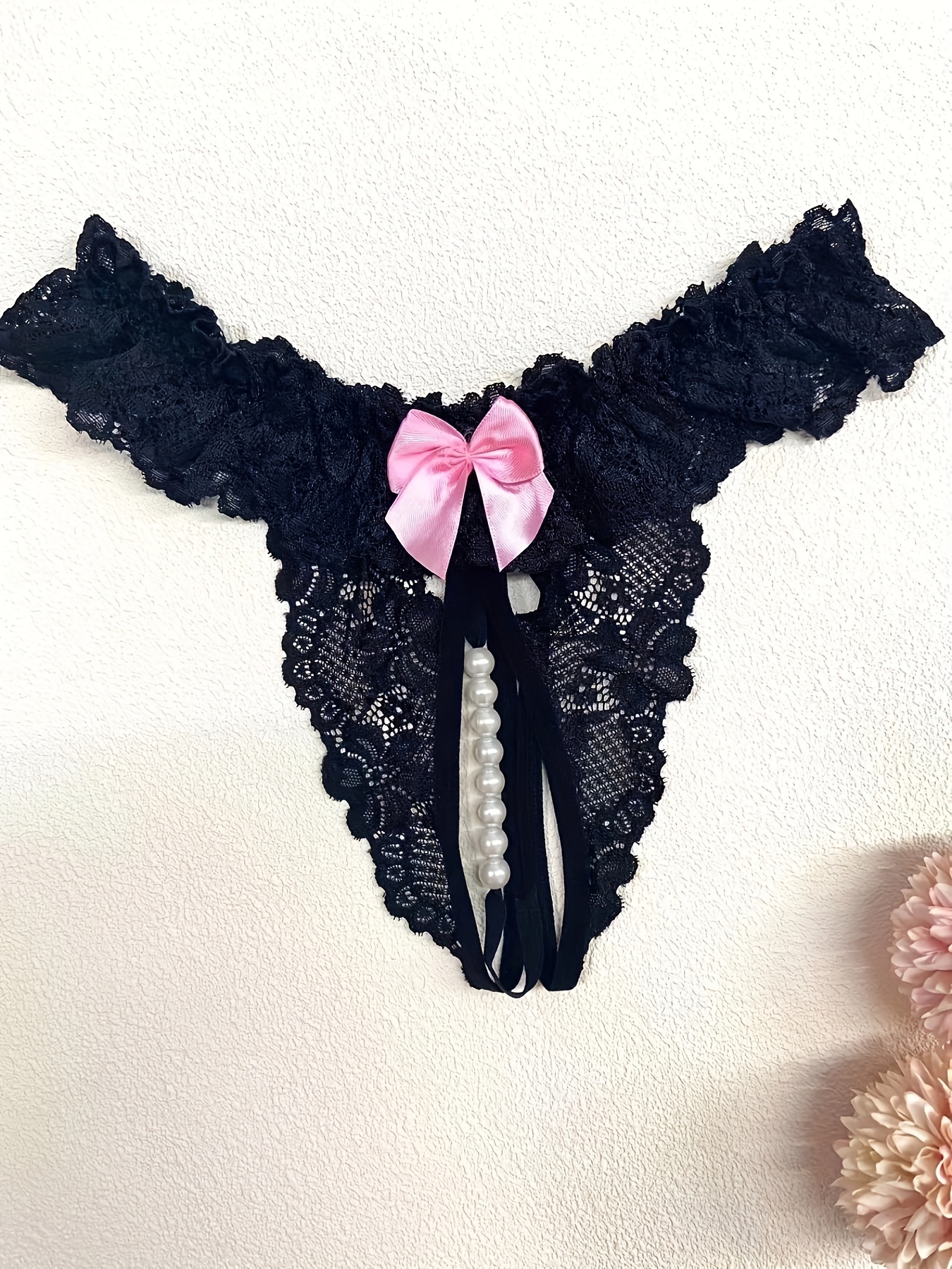 Women's Floral Thongs with Double Bow Detail and Mesh Back - 2 Pairs (Black  and Orse)