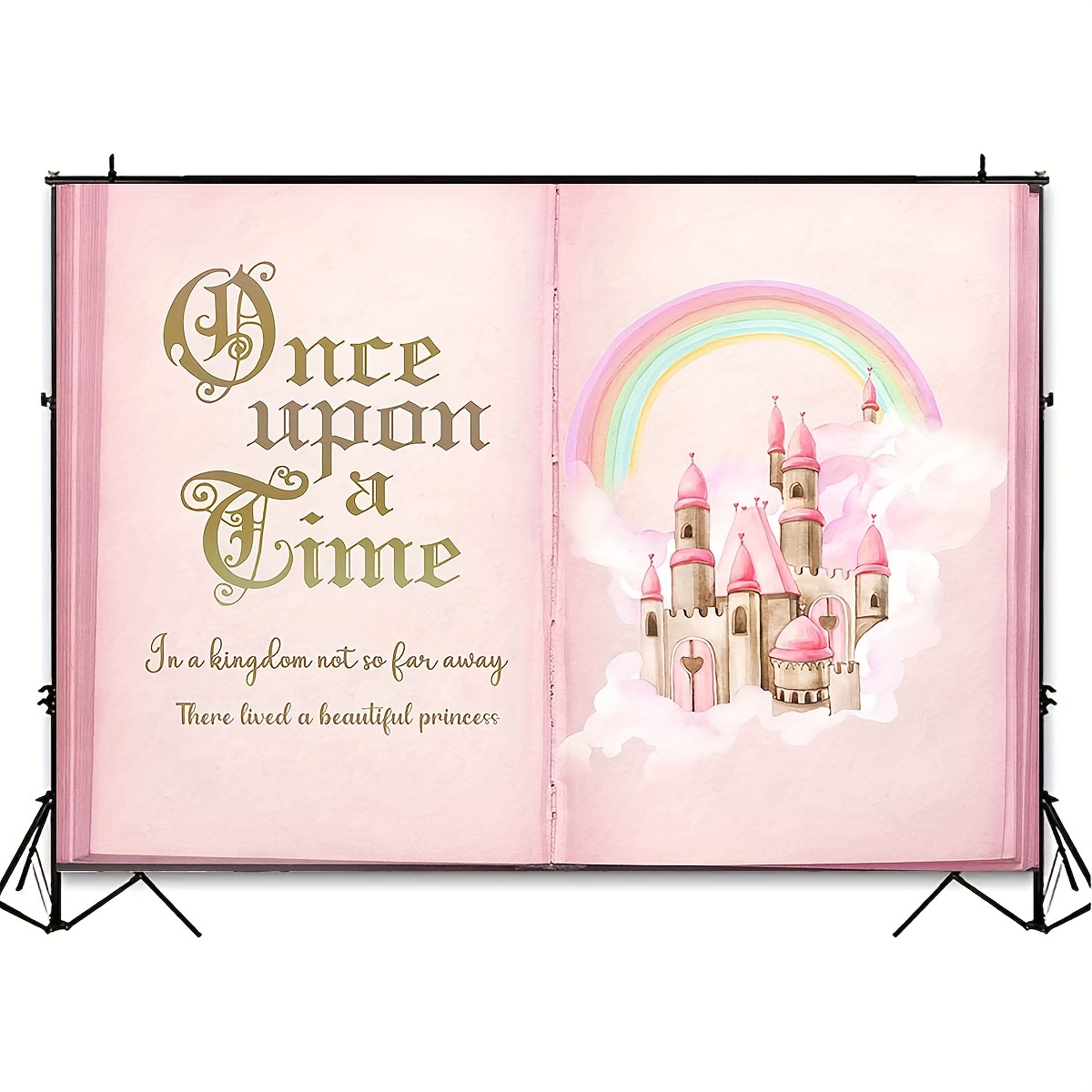 1pc once upon a time backdrop pink fairytale castle giant book rainbow photography background girls princess birthday party photobooth backdrops supplies cake table decorations banner decorations