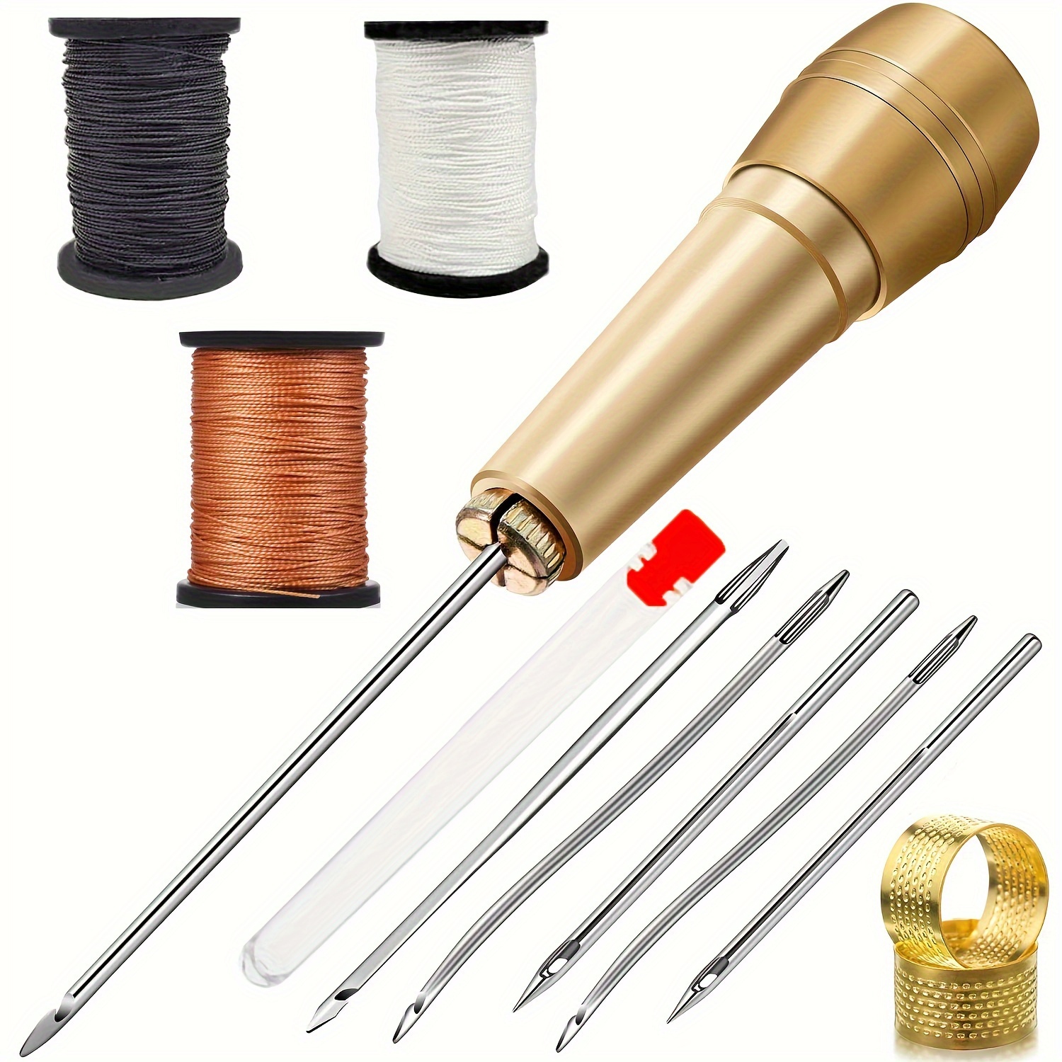 

13pcs Leather Sewing Kit Contains Diy Copper Handle Leather Sewing Awl With 6 Piece Needles And Brown, Black, White Nylon Thread Set For Leather Canvas Tent Shoes Repair Tool