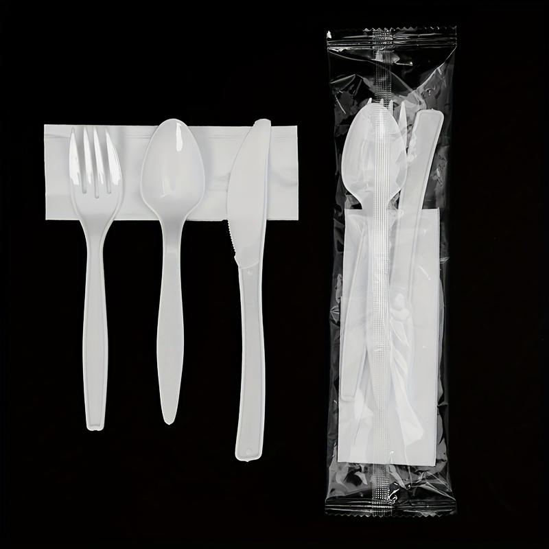 50 paquetes de cubiertos de plástico – Juego de cubiertos de plástico  blanco envueltos individualmente, juego de cubiertos de plástico a granel