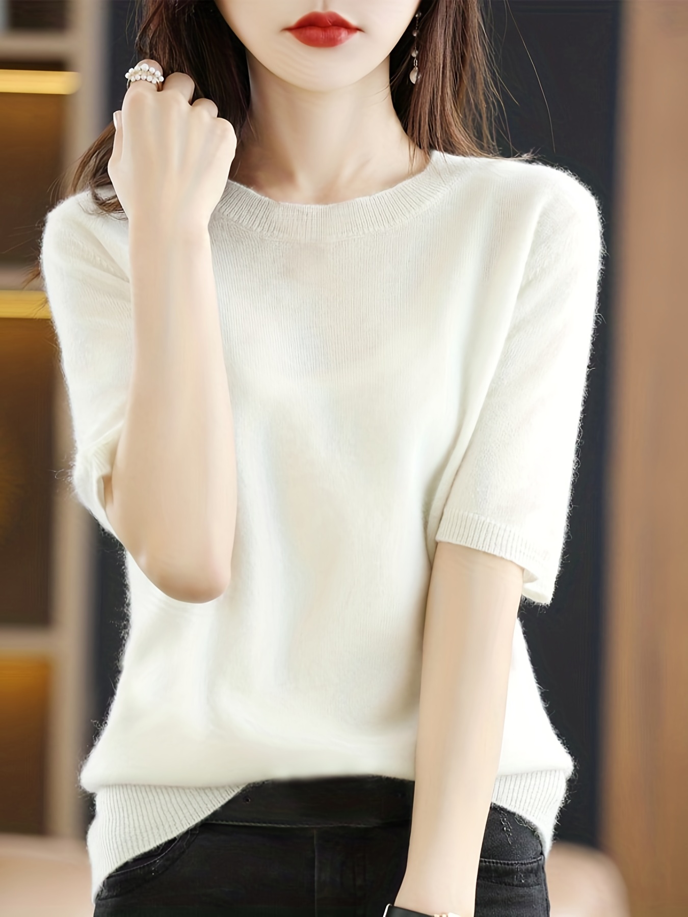 Solid Half Sleeve Sweater, Elegant Crew Neck Sweater For Spring