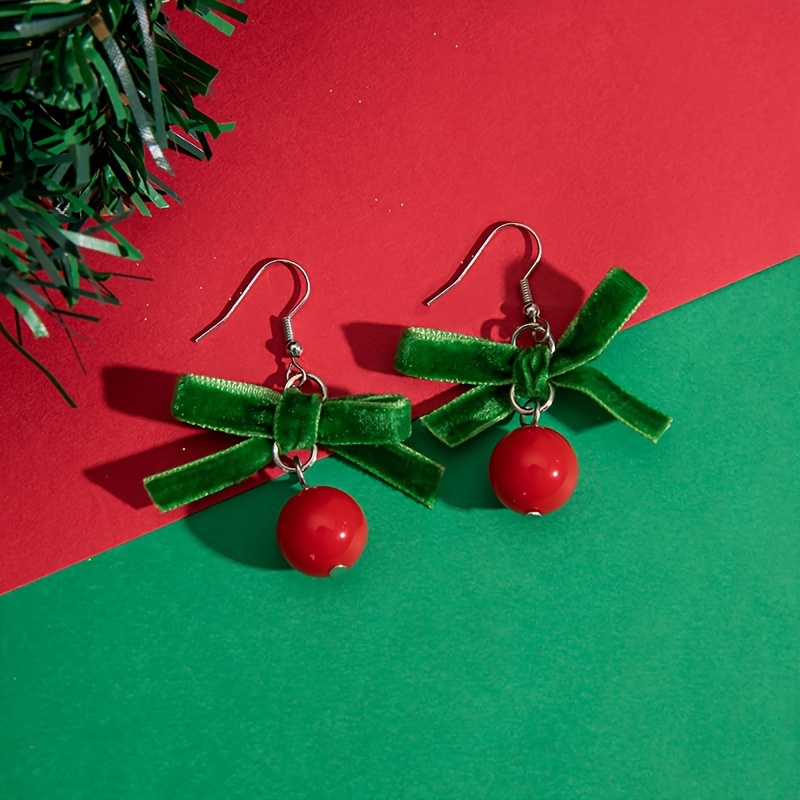 Boucles d'oreilles fête noel boule rouge noeud argent