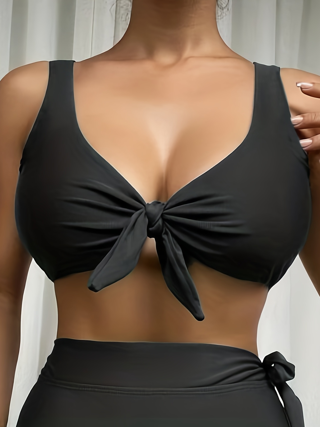 Front Bow Knot V Neck Bikini Top, Solid Color Black Stretchy Swimsuit Top  Bra, Women's Swimwear & Clothing