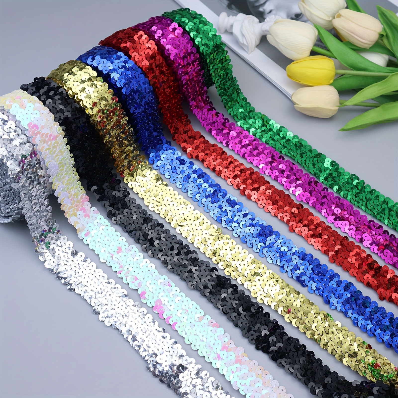 YOOGCORETT 2 Yards Iridescent Clear Elastic Sequin Ribbon Trim Glitter  Metallic Stretch Flat Sequin for Sewing Dress Costume Embellishments  Headband