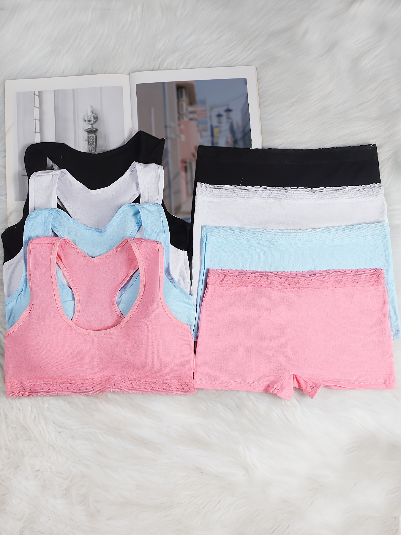 Teen Girls Underwear Set Bra Briefs High Stretch Solid Color