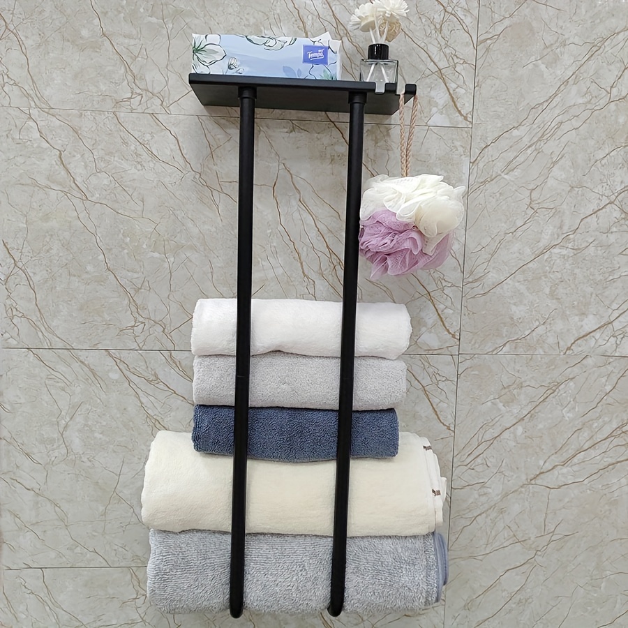 Toallero con estante de madera para baño, soporte de toalla de metal  montado en la pared para toallas de baño enrolladas, toallas de mano,  pequeño