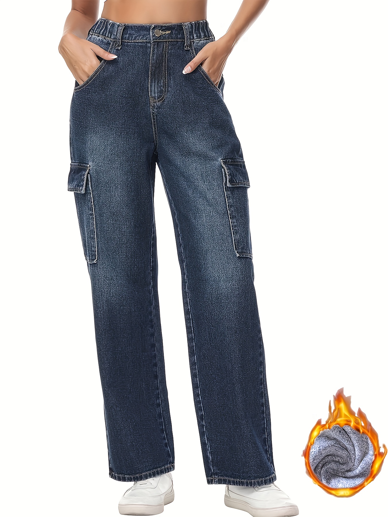 Flap Pockets Boyfriend Cargo Pants, Loose Fit Drawstring Elastic Waist  Straight Jeans, Women's Denim Jeans & Clothing