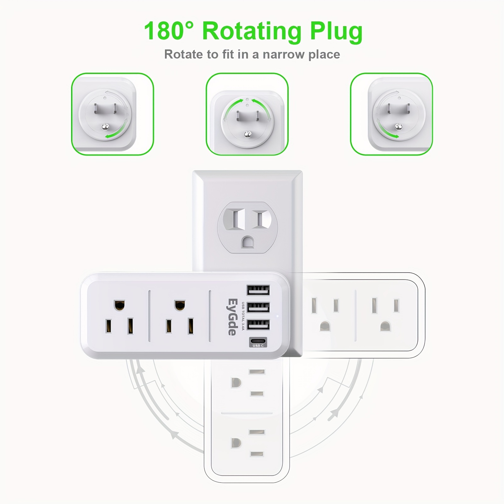 Wall 6-Outlet Extender Surge Protector with 3 USB Charging Ports